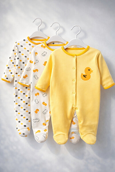 moukou 3’lü Kombin Bebek Tulum Seti %100 Pamuk Ördek Desenli Patikli Uzun Kol...