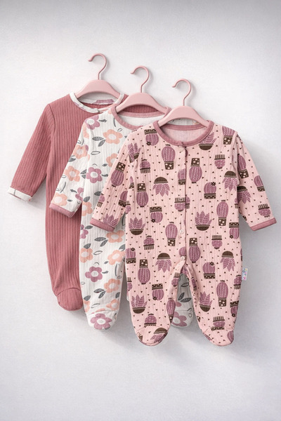 moukou %100 Pamuk 3’lü Kız Bebek Tulum Seti Çiçek ve Kaktüs Desenli Patikli U...