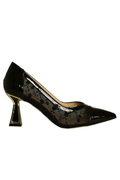 Platin Black Patent Leather Women's Shoes with Mesh Detail and Heels