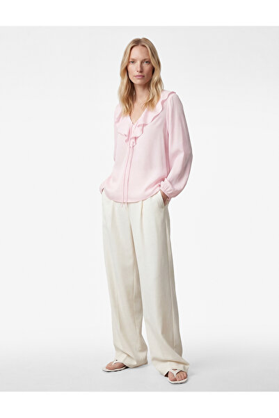 Koton Μακρυμάνικη μπλούζα με λεπτομέρεια σε σχήμα V και κορδόνι στον βολάν