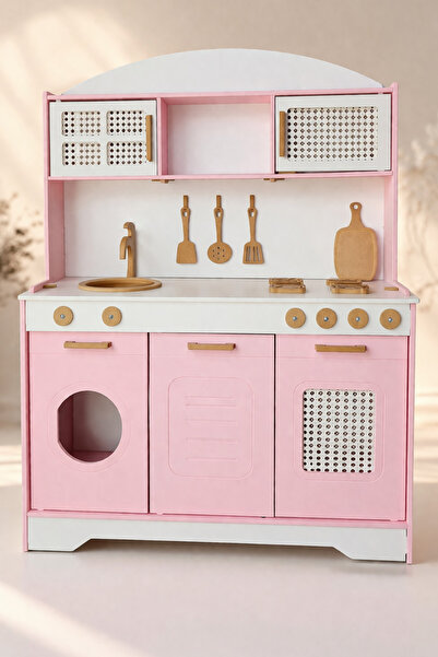 hedefixtoys Pembe Ahşap Oyuncak Mutfak 12 Parça Servis Seti Ve Led