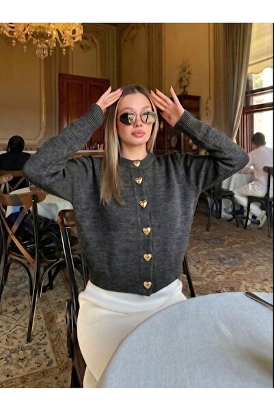 Genel Markalar Kalp düğme detaylı triko hırka
