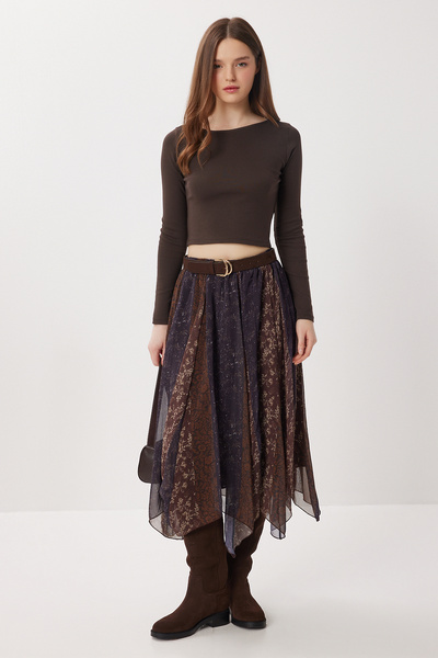 Lovelyİstanbul Φούστα μίντι ασύμμετρη από σιφόν με πιέτες και σχέδια LMC0082 ...