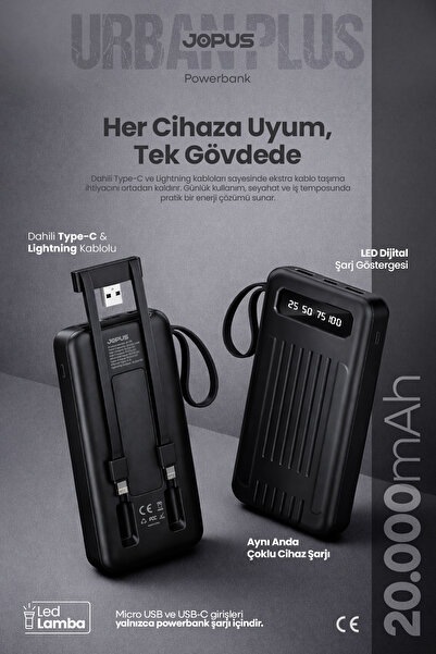 20000mAh PowerBank Internal Wired, LCD Display, LED Lamp, Portable Charger - Black JP-P11A