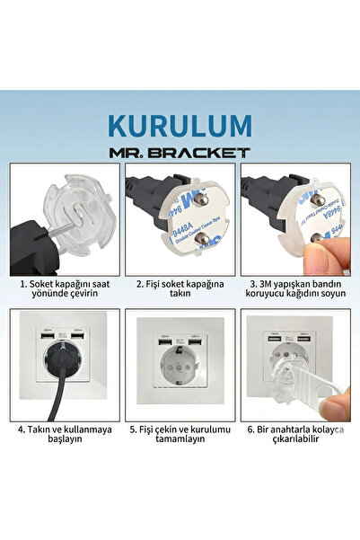 MR.BRACKET 5 Kapak + 1 Anahtar Otomatik Kapanır Bebek Priz Koruyucu Şeffaf - Priz Koruma Emniyet Aparatı Kapağı