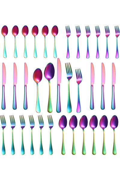 Arabest طقم أدوات مائدة فضي قوس قزح مكون من 30 قطعة لـ 6 أشخاص، مصنوع من الفو...