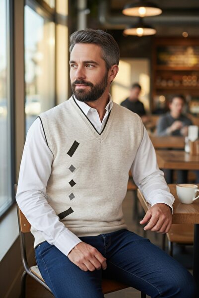 Kamalı Cream Men's Steel Knit Winter Thick Knitwear V-Neck Knitwear Knit Non-...