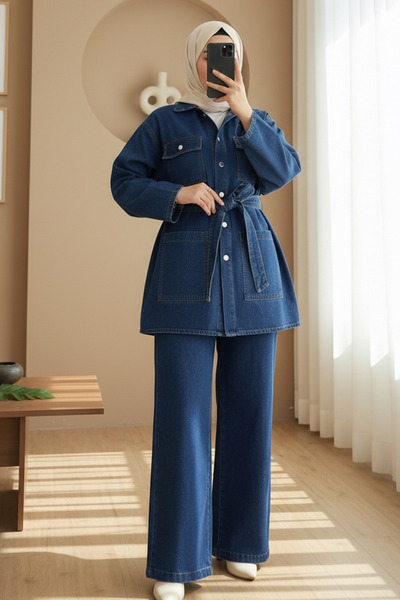 Modamorfo Belted, Pocketed, Buttoned Front Denim Suit -Indigo