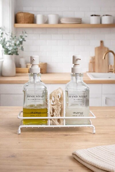 Okyanus Home Beyaz Pompalı ve Standlı İkili Kare Cam Sıvı sabunluk 500ml