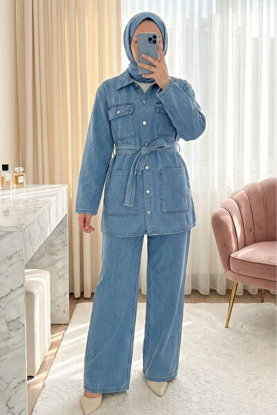 Modamorfo Τζιν Σετ με Ζώνη στη Μέση, Τσέπες και Κουμπιά στο Μπροστινό Μέρος -...