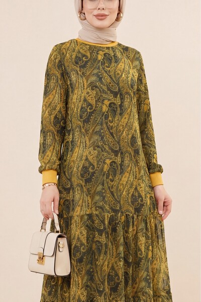 Modamorfo Φόρεμα από σιφόν με έθνικ σχέδιο και επένδυση - Πράσινο λαδί