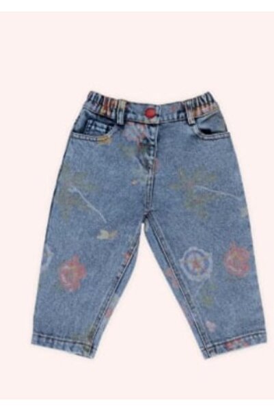 Panço Kız Bebek Desenli Esnek Bel Çicek Baskı Desen Jean Pantolon 0-3 Yaş MAVİ