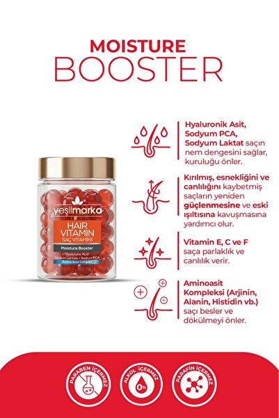 yeşilmarka Saç Vitamini - Moisture Booster Hyaluronik Asit İçeren Saç Bakım Yağı 30 Kapsül