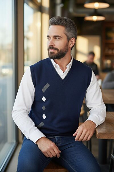 Kamalı Ναυτικό μπλε ανδρών χάλυβα πλεκτό χειμώνα χοντρό πουλόβερ V-λαιμός πλε...