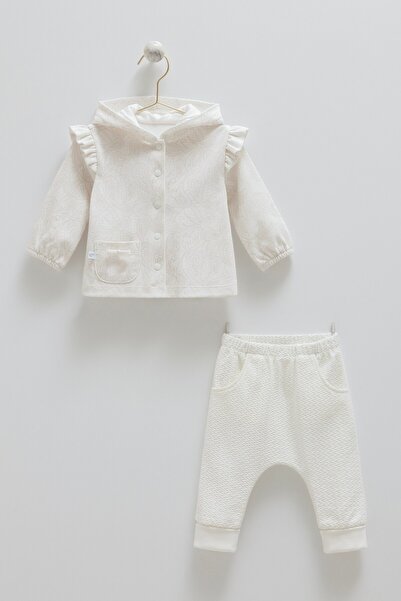 Caramell Baby Girl Patterned Hooded Tracksuit Set 1-12 Months Ecru