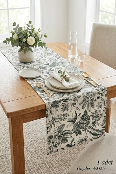 Rona Home Yeşil Çiçekli Premium Kumaş Masa Runner Ranır - Leke Tutmaz Kalitel...