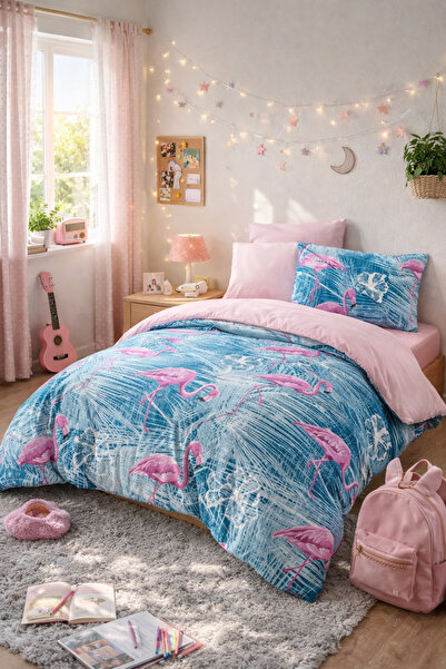 MyStory Home Σετ Παπλωματοθήκη Μονή με Ελαστικά Σεντόνια Flamingo