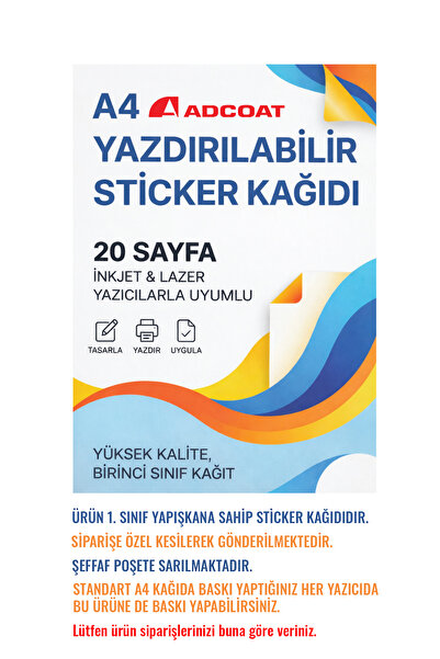 Stickki A4 Yazdırılabilir Sticker Kağıdı 20 Sayfa Inkjet ve Lazer Yazıcı Uyum...