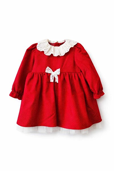 Cumino Baby Girl Polka Dot Dress with Waist Ribbon and Collar Detail 6-24 Mon...