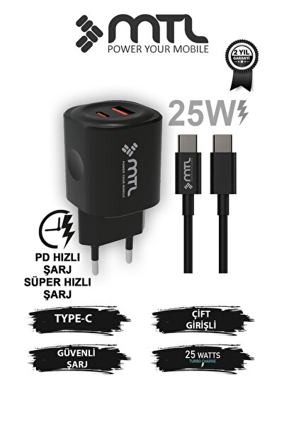 MTL 25W PD + USB Çift Çıkışlı Adaptör ve Type-C Kablo Hızlı Şarj Seti MT1725