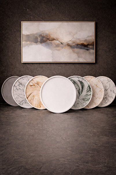 betonmall صينية عرض دائرية منقوشة بالرخام مقاس 28 سم ومجموعة أطباق