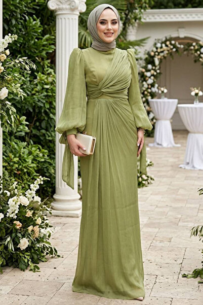 N.S NEVA STYLE Βραδινό φόρεμα με μαντήλι με λεπτομέρεια πράσινο χιτζάμπ 52285CY