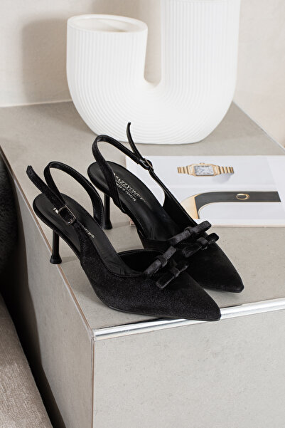 Pazzyonez Γυναικεία Lea Μαύρα Βελούδινα Παπούτσια με Φιόγκο, Λεπτομερή Λεπτομ...