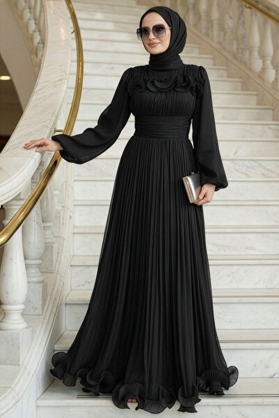 N.S NEVA STYLE Μαύρο Βραδινό Φόρεμα Τεσεττούρ με Λεπτομέρεια Βολάν 48231S