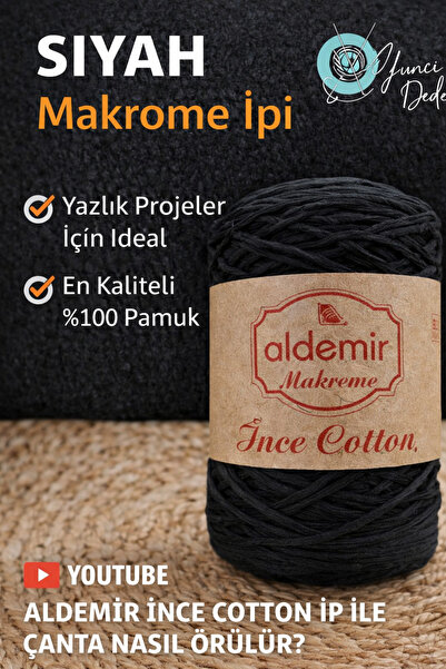 aldemir Ince Pamuk Makrome Çanta Şapka Yazlık Elbise Yapmak Için Siyah Cotton...