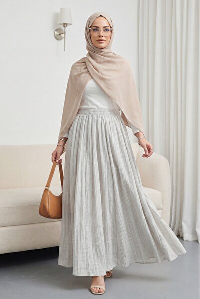 Modamorfo Μακριά φούστα γκοφρέ με ελαστική μέση και επένδυση - πέτρα