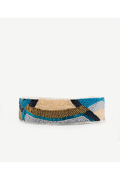 Yargıcı Geometrik Desenli Boncuk İşleme Keten Bel Kemeri