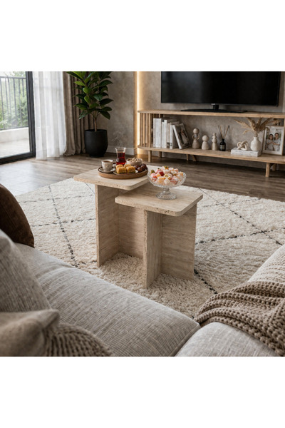 tridihome Modern Traverten İç İçe Geçmeli İkili Zigon Sehpa Seti Şık Dayanıklı