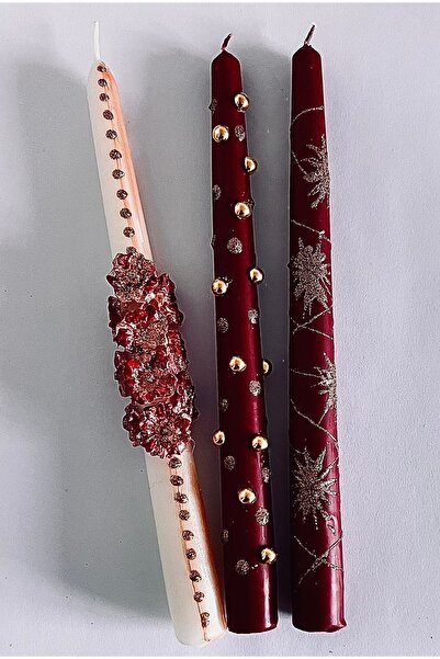 inrobert Bordo Gold Luxury Şamdan Mum Seti