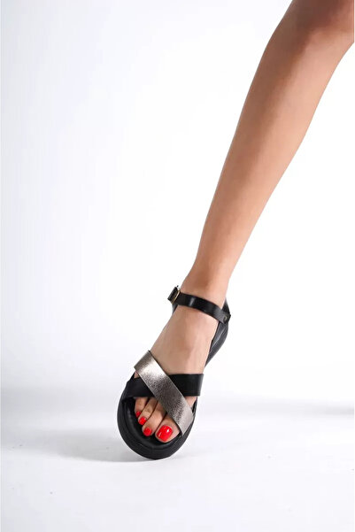 Belinora Μαύρα ασημί λεπτομερή σανδάλια από γνήσιο δέρμα TR31MY58E