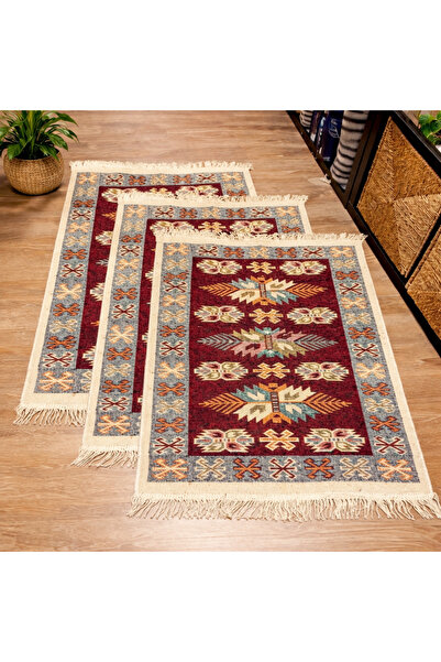OEM Set de 3 covoare tradiționale, dimensiune 60 x 90 cm, roșu și crem