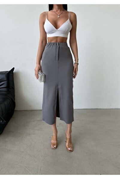 HerTon Γυναικεία πλεκτή φούστα με ψηλή μέση και σκίσιμο μπροστά, μήκους midi