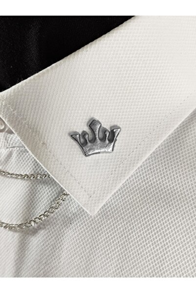 BLC Basic Line Co. The Royal Monarch Gümüş Renk Kral Tacı Figürlü Çift Zincirli Gömlek Yaka İğnesi