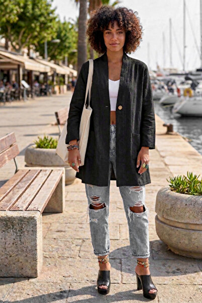 Chiccy Μαύρο κιμονό με γιακά, μανίκια 3/4, με κουμπιά, διπλό Με τσέπες casual...