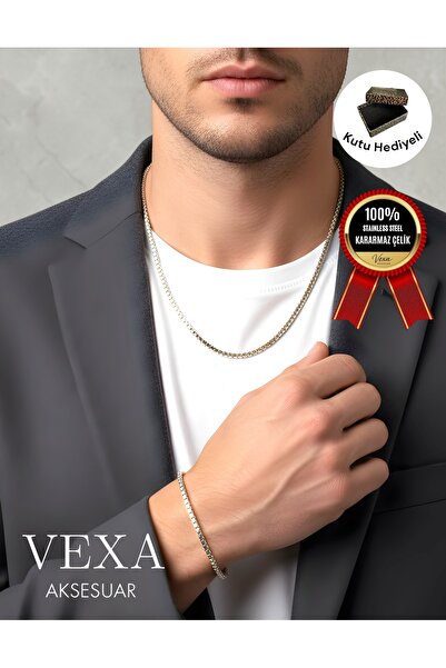 Vexa Aksesuar Aristo Model Premium İthal Zincir Çelik Kolye Bileklik Seti - K...