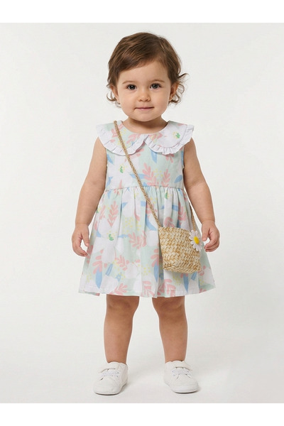 Mnk Baby&Kids Kız Çantalı Bebe Yaka Pamuklu Çıtır Elbise TF7311 YEŞİL