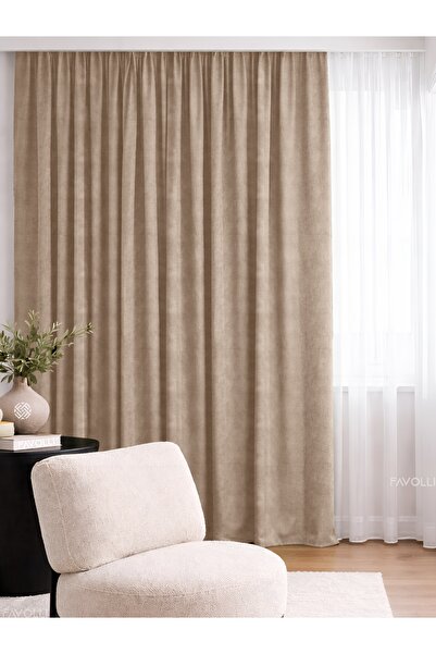 FAVOLLİ Kadife Dokulu Sahra Beji Ada Fon Perde Ekstrafor Büzgülü Dream Series