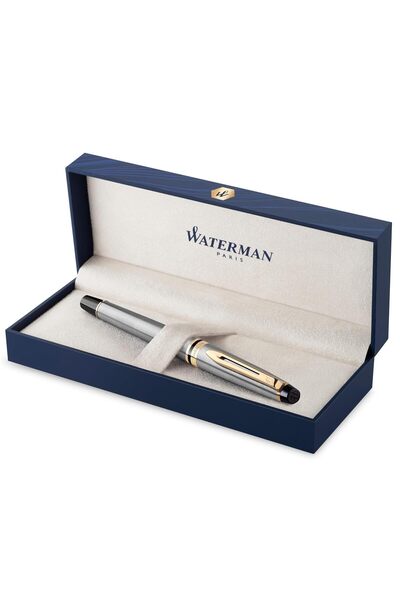 Waterman Expert Paslanmaz Çelik Altın Tasarımlı Dolma Kalem, Orta Kalınlıkta Uç, Mavi Mürekkep