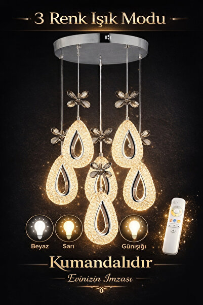 Marsel Lighting YAGMUR Model 6'lı Krom 3 Renk Modu Ledli Kristal Taşlı Modern...