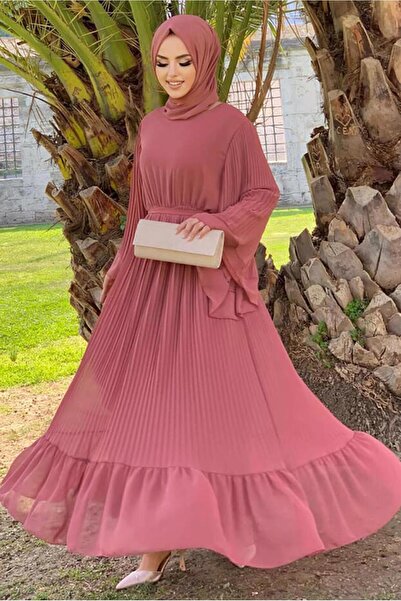 TRENDTESETTÜR KADIN PEMBE (GÜLKURUSU) PİLİSELİ KUŞAKLI ELBİSE T 4043