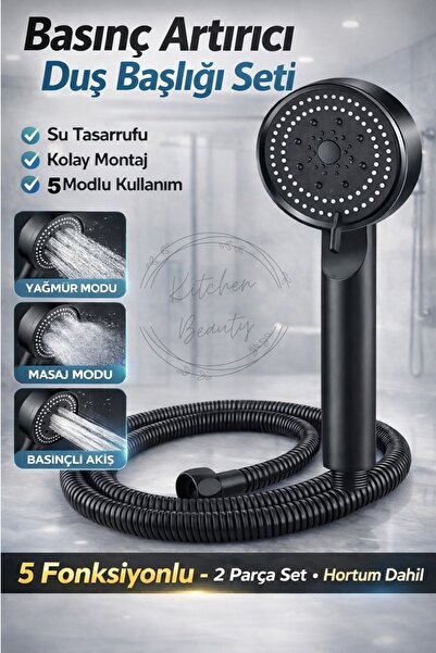 İndirimKap 5 Fonksiyonlu Duş Başlığı Ve Siyah Duş Hortumu 150 Cm Set