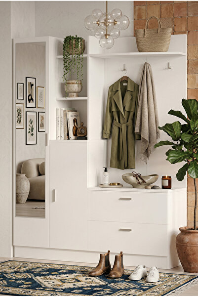 Robin Home Jessie Aynalı Vestiyer Ayakkabılık Portmanto Aynalı Raf Beyaz