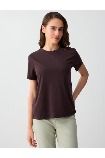 Jimmy Key Καφέ ίσιο μπλουζάκι με λαιμόκοψη με κοντό μανίκι