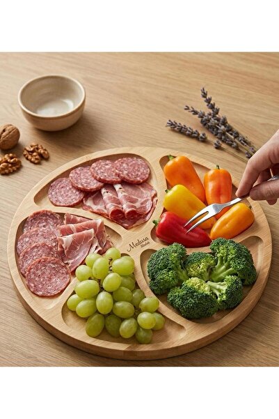 SUNUMCU Medusa 6 Bölmeli Döner Bambu Sunum Tabağı / Çerezlik & Kahvaltı Seti