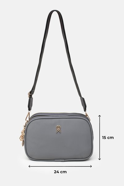 Les Crioch Metallic Gray 3 Compartment Buzzy Satin Leather Daily Women's Shoulder Bag with Adjustable Column Strap