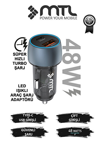 48W Dual Port Type-C + USB Current Protected Led Car Charger With Fast Charging Support MT 1832